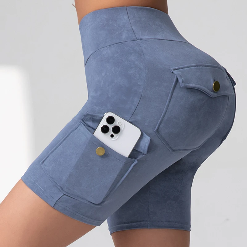 Lavado impressão bolso de trabalho shorts femininos levantamento de bunda fitness calças de 5 portas elástico fino 2025 novo 5 cores moda ciclismo shorts