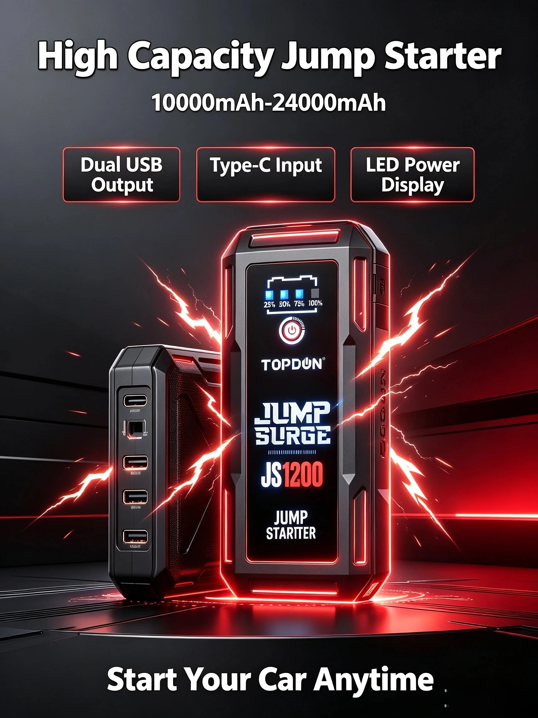 Portable Car Jump Starter 1200A-3000A Peak Auto Battery Booster Power Pack for Gas Diesel Engine