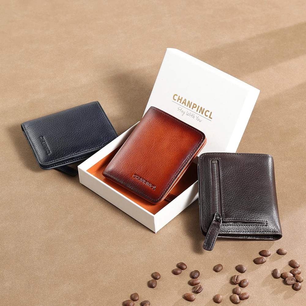 

CHANPINCL Men's Wallet Genuine Cow Leather Luxury Original First Layer Cowhide Vintage Style Zipper Purse Business