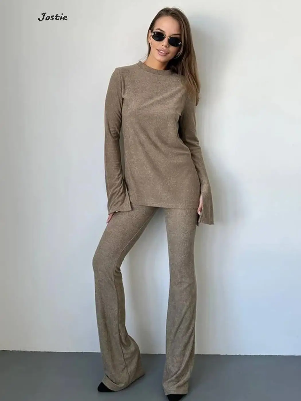 

Knitted Flare Long Sleeve Top And Flare Pants Set Home Suit Round Neck Sweater Elastic Trouser Casual Autumn Women Outfits 2023