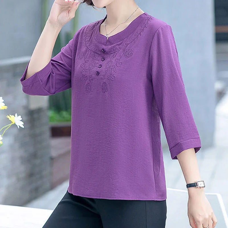 Fashion All-match Solid Color Embroidery Tops for Women 3/4 Sleeve Summer Casual Button Spliced O-Neck T-shirt Female Clothing