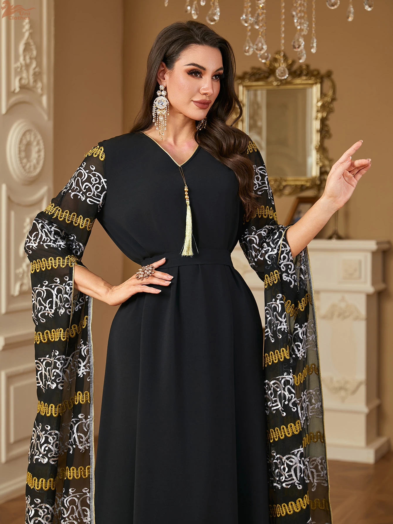 New In Dress Rhinestone Patchwork Floral Print Islamic Long Dress Muslim Dubai Turkey Arab Elegant Abaya For Femme 2024 