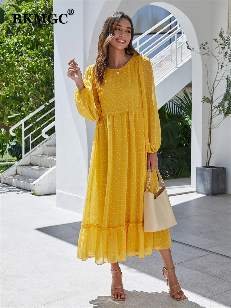 

BKMGC Yellow 3D Dots Patchwork O-neck Lace Backline Mesh Chiffon Ruffle Hem Long Sleeve Maxi Dress For Women Summer Autumn Cloth