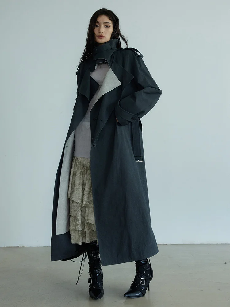 [Vibe] Women Gray Color-block Big Size Long Trench New Lapel Long Sleeve Windbreaker Fashion Tide Spring Autumn 2025