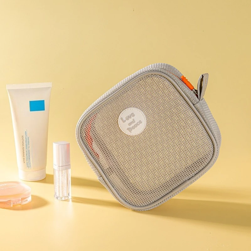 

Large Square Clear Mesh Makeup Bag, Organizer for Cosmetics, Cables, Earphones & Coins, Portable Zipper Storage Pouch
