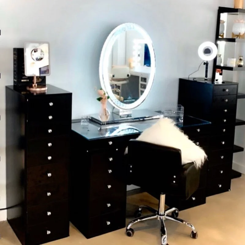 Excellent Quality Glossy Painting Lighted Makeup Vanity Table Bedroom Dresser With Led Lighted Makeup Mirror