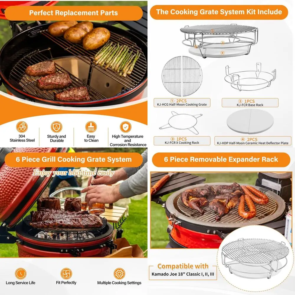 

6-Piece Cooking Grate Replacement Kit, Removable Grill System with Half-Moon Heat Deflector Plates and Rack