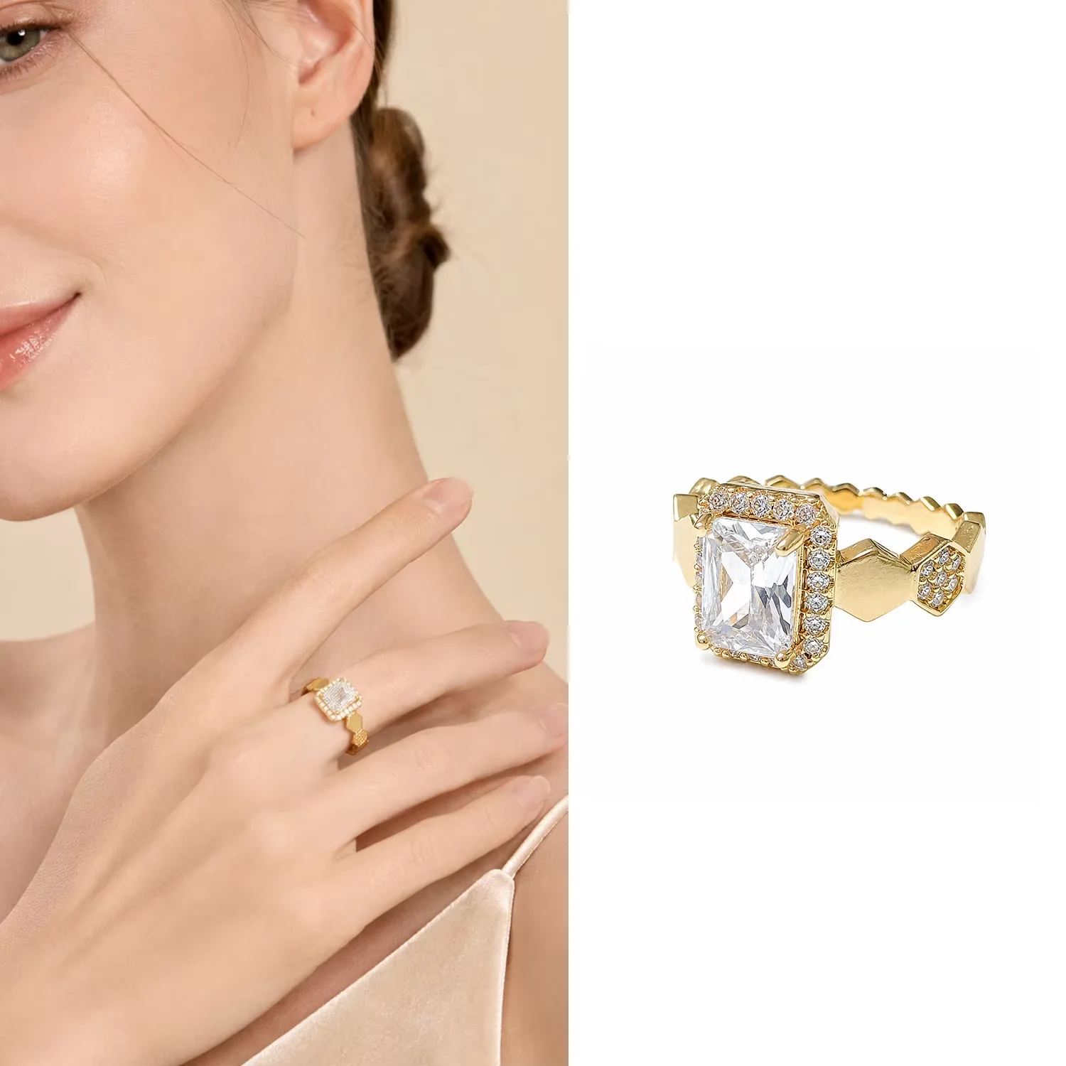 Womens Rectangle Center Stone Halo Ring Scalloped Edge Band Statement Ring Fashion Accessory For Dating Evening Holiday Occasion