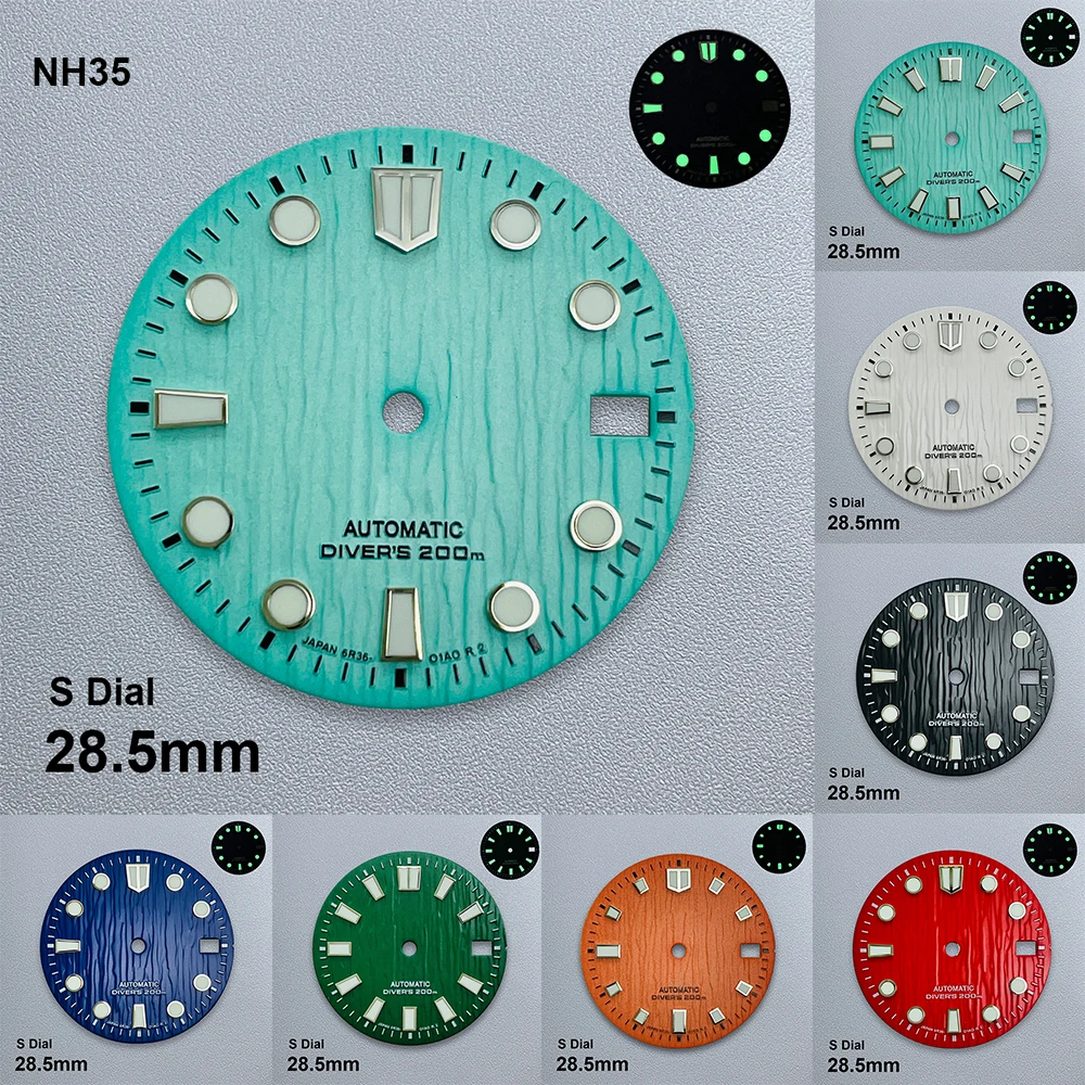 

28.5mm Glaciers S Logo Dial Suitable For NH35/NH36/4R/7S Japanese Movement Green Luminous Bark Dial Watch Modified Accessories