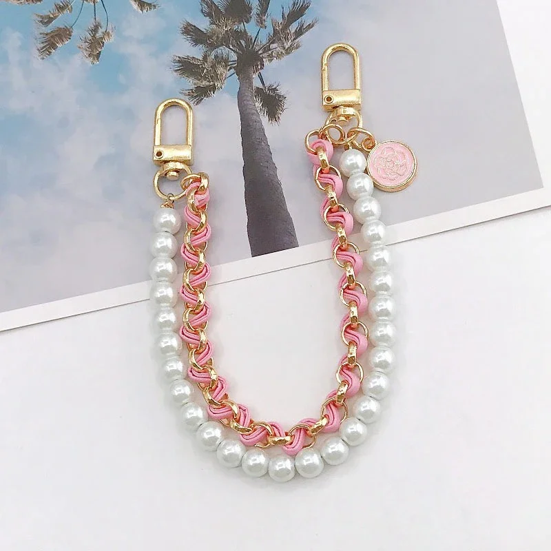 Korean Mobile Phone Leather Pearl Camellia Bracelet Chain For iPhone 14 13 12 Pro Max Samsung Flip 3 4 Anti-loss Hand Rope