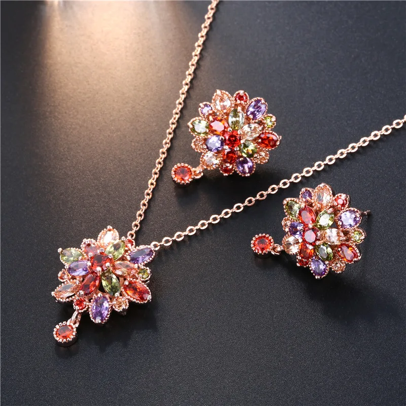 

SUGO 2022 Summer New Trend Charming Retro Rose Gold Color Multi CZ Earrings Necklaces Sets For Elegant Women Dinner Jewelry