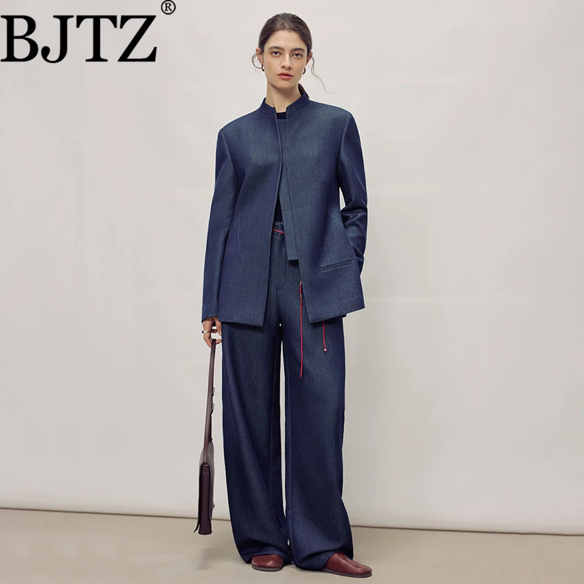 

BJTZ 2026 Spring Autumn Women's Denim-Like Blazer Set - Stand Collar Waist-Cinched Curved Pants Fashion 2-Piece Office Suit