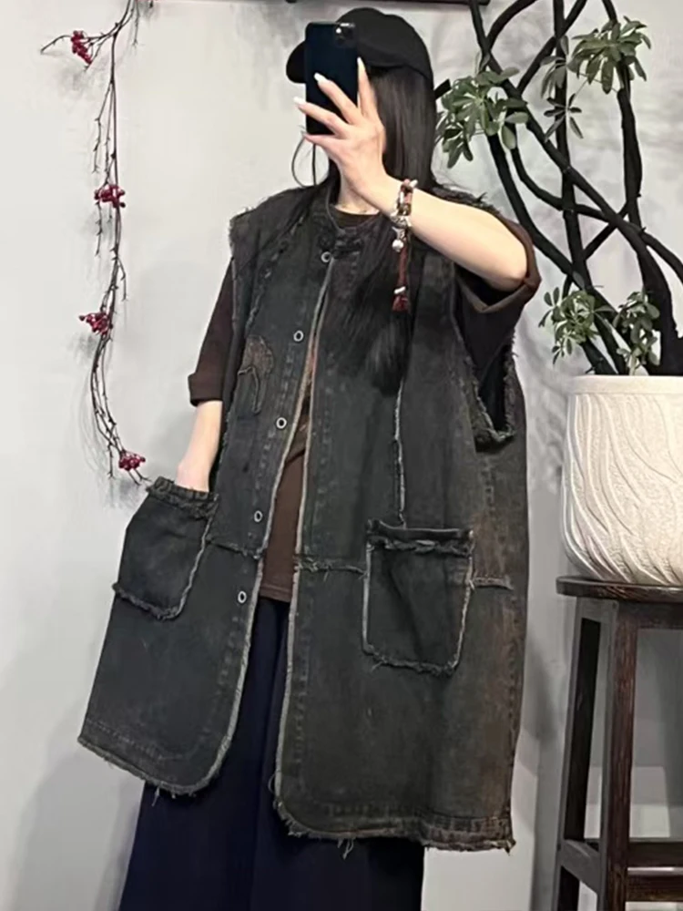 AmaxluluE Zomer Vintage Mouwloze Jassen Damesmode Lange Denim Vest Vrouwtjes Losse Patchwork Vesten Vrije tijd Streetwear