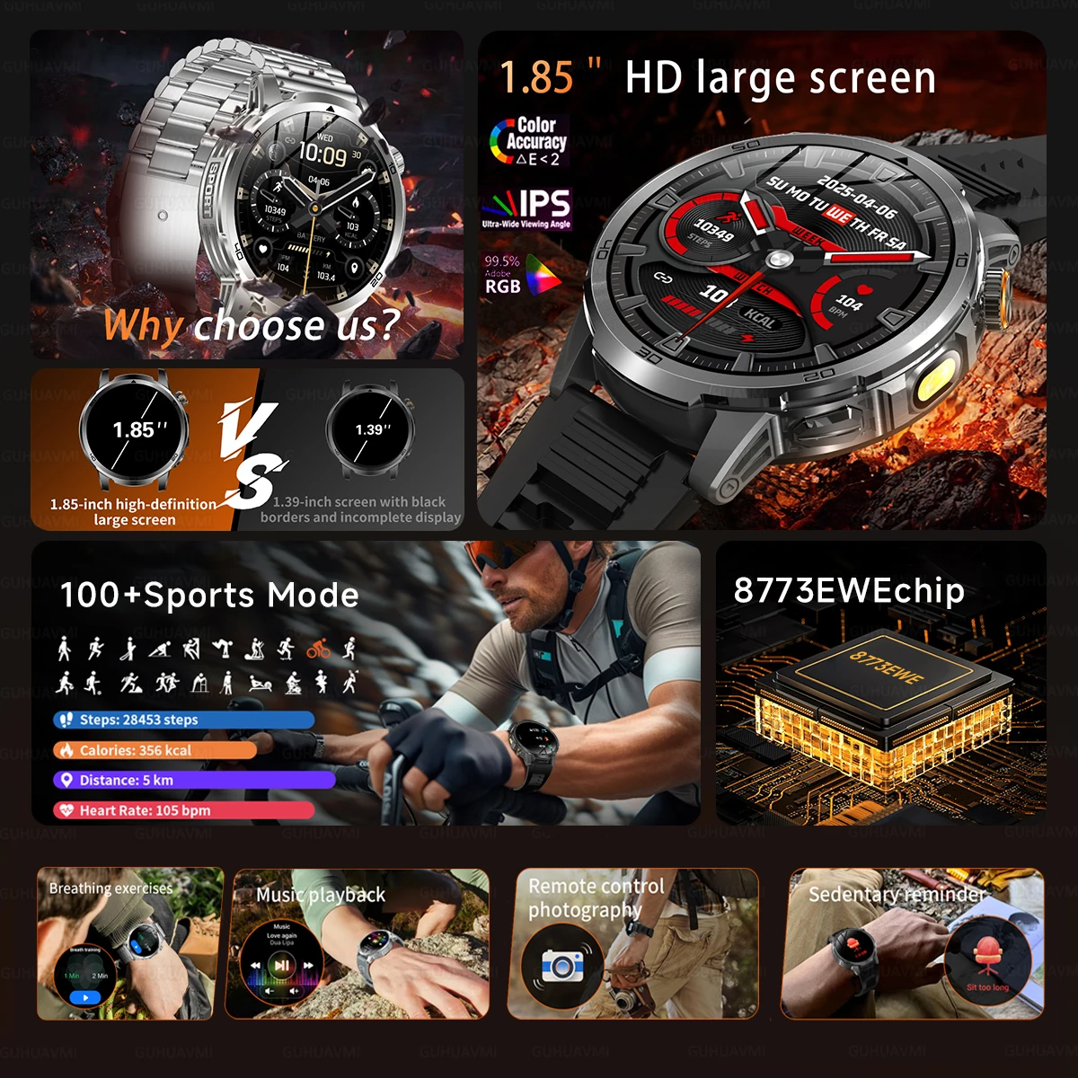 2026 New Outdoor Military 1.85-inch 466*466 Smart Watch Fitness Clock Men 1000mAh Battery 10ATM Waterproof HD Call Bracelet Men