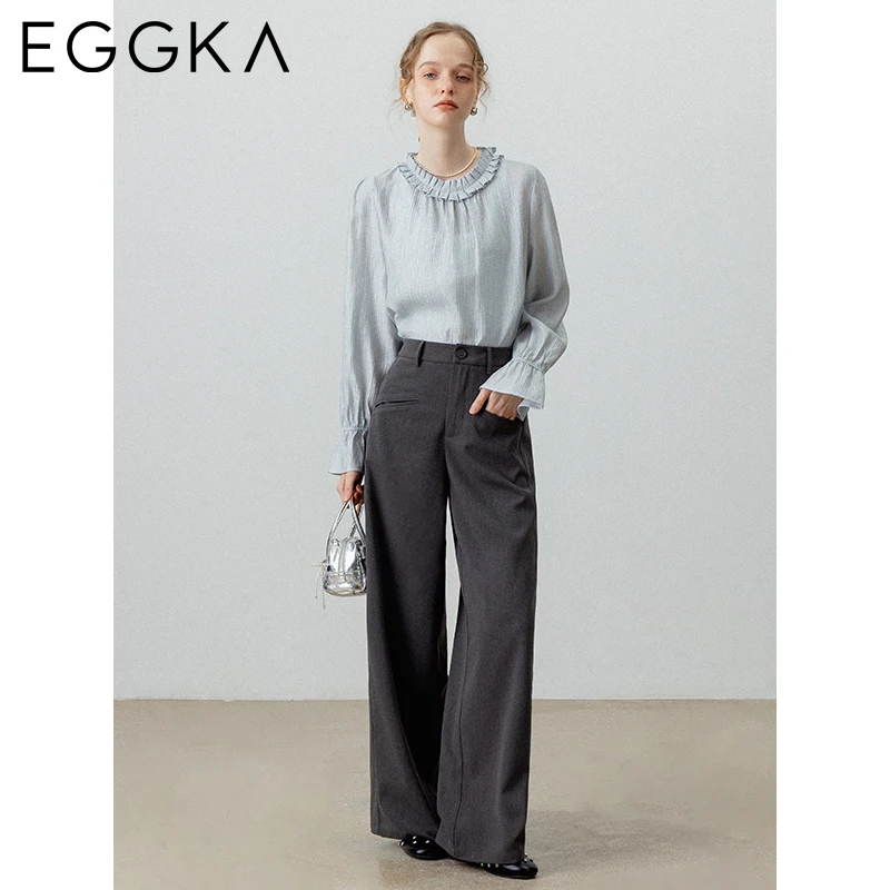 EGGKA Bow Print High Waist Straight Pants Autumn Solid Casual Pant Women\'s Korean Fashion Loose Gray Long Trousers with Pockets