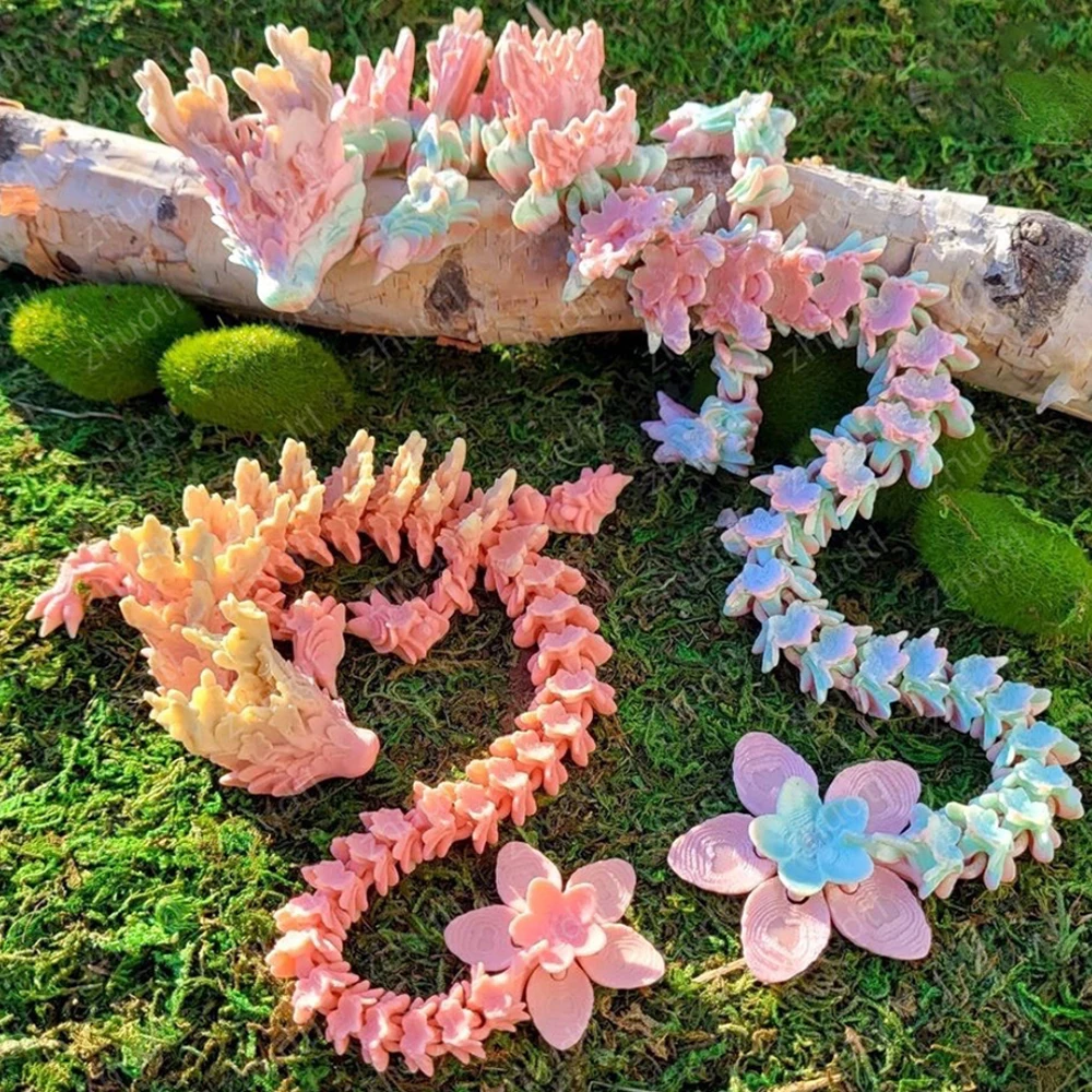 3D Printed Lotus Flower Dragon Multi-joint Model Toys Ornament Realistic Animal Figures Decorations Relieving Desktop Boys Gifts