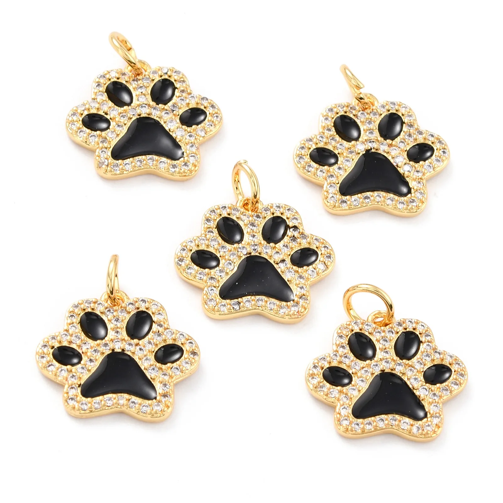 

30Pcs Dog Paw Prints Plated Brass Micro Pave CZ Cubic Zirconia Charms With Jump Ring Gold Color For Necklace Jewelry Making