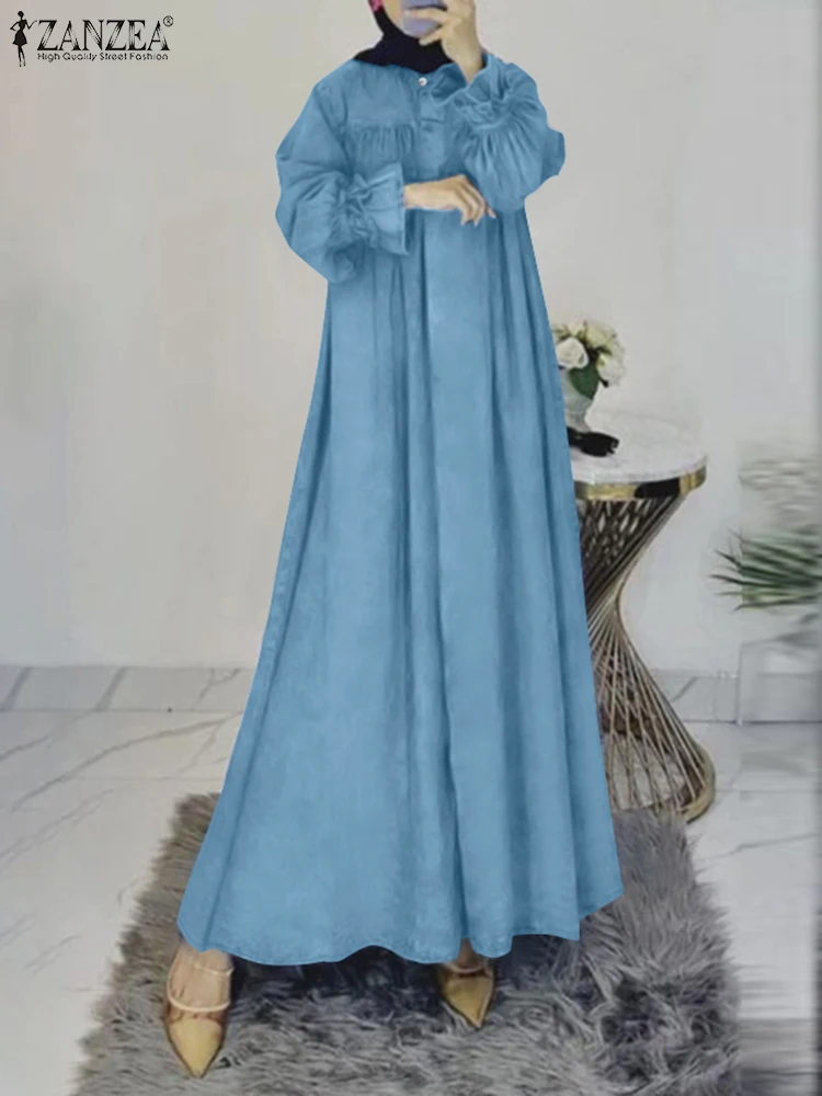 ZANZEA Eid Mubarek Muslim Hijab Dresses Abaya Women Long Lantern Sleeve Pleated Sundress Islamic Robe Solid Maxi Long Vestidos