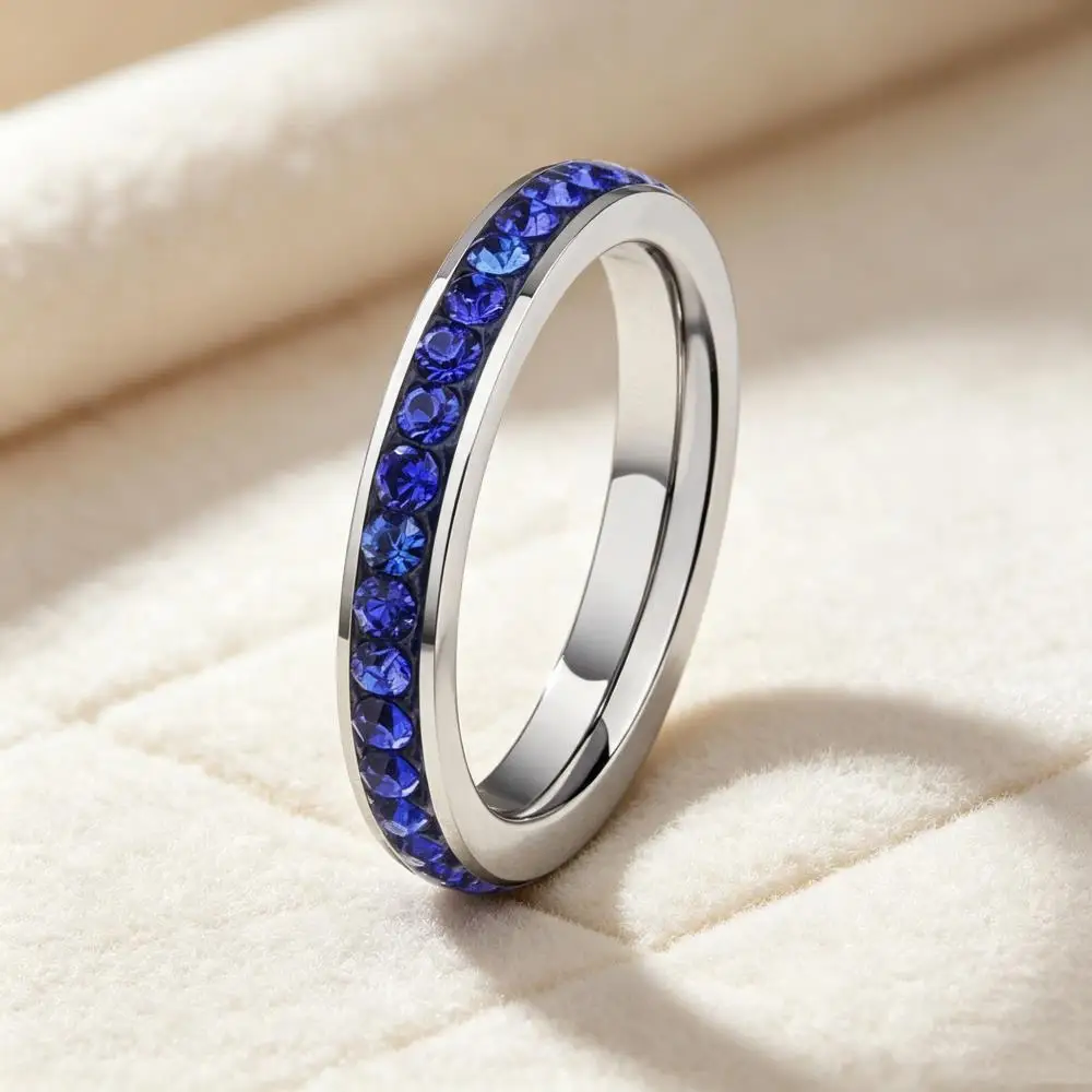 4MM Wide Blue Rhinestone Stainless Steel Rings For Women Men Silver Color Female Male Stackable Thin Wedding Bands Party Jewelry