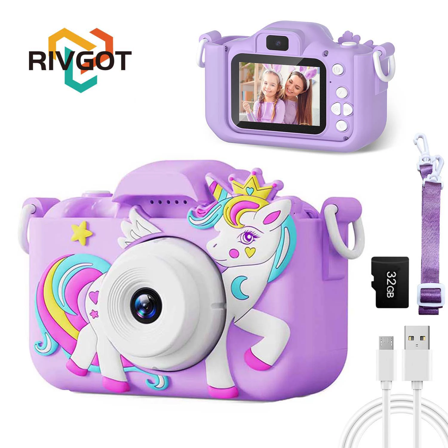 Câmera Digital Dupla para Crianças, Câmera de Vídeo Brinquedos com Cartão de 32GB, Mini Cam, Display Colorido, Presente de Aniversário Infantil, HD 1080P