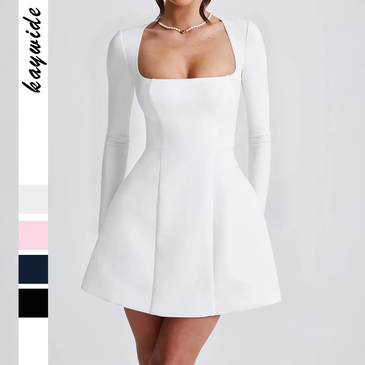 

Women Spring Summer Solid Color Casual Basic Long Sleeve Square Neck High Split Hem Party Short Mini A-Line Dress