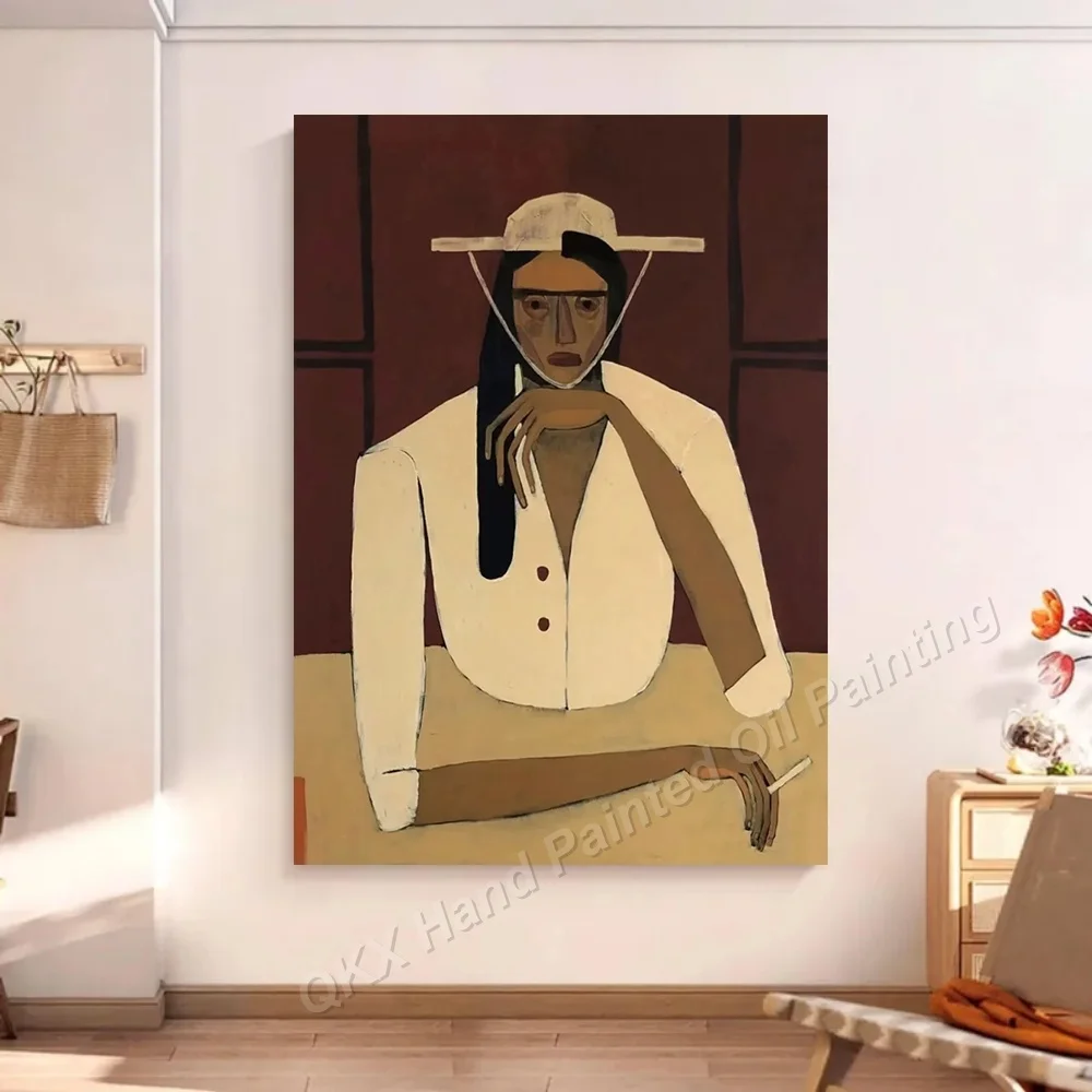 Hand-Painted Oil Painting on Canvas Wall Art Decor for Living Room, Mid-Century Cubist Hat Lady Portrait Vertical Canvas Art