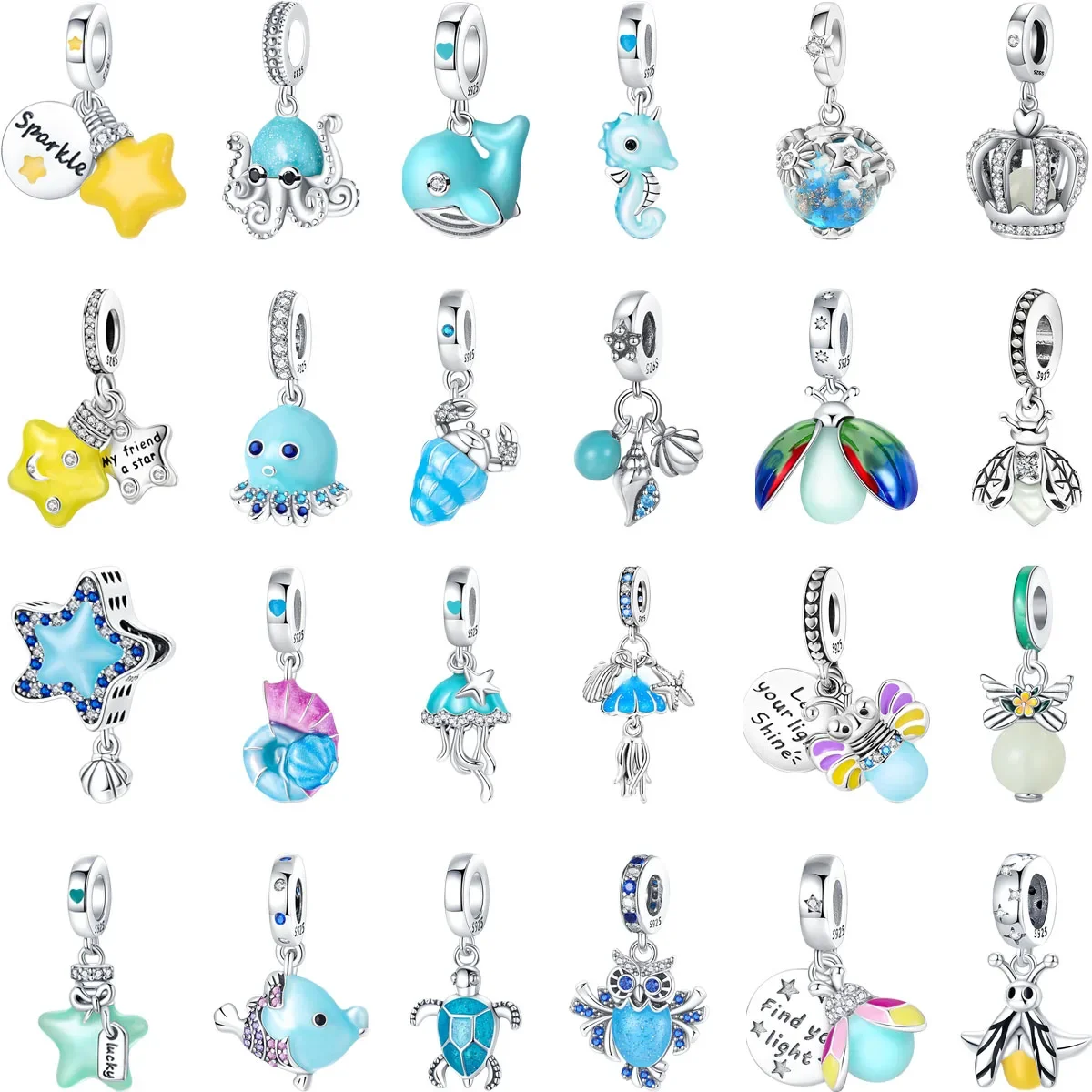 Original 925 Charms Sterling Silver Star Luminous Blue Ocean Animal Firefly Pendant for Pandora DIY Bracelet Ladies Jewelry Gift