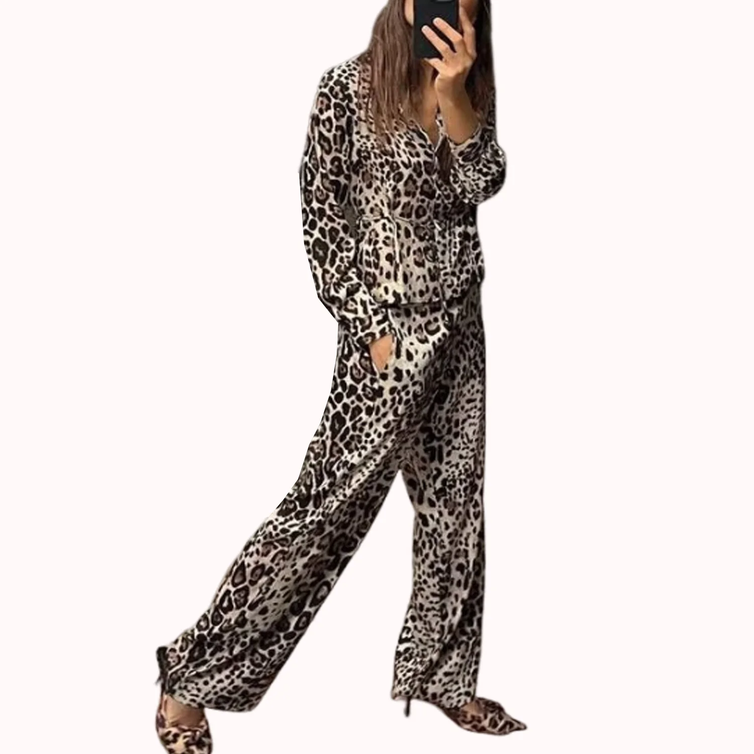 Women\'s New Satin Leopard Print Waist Tie up Shirt Fashionable and Casual Style Straight pants