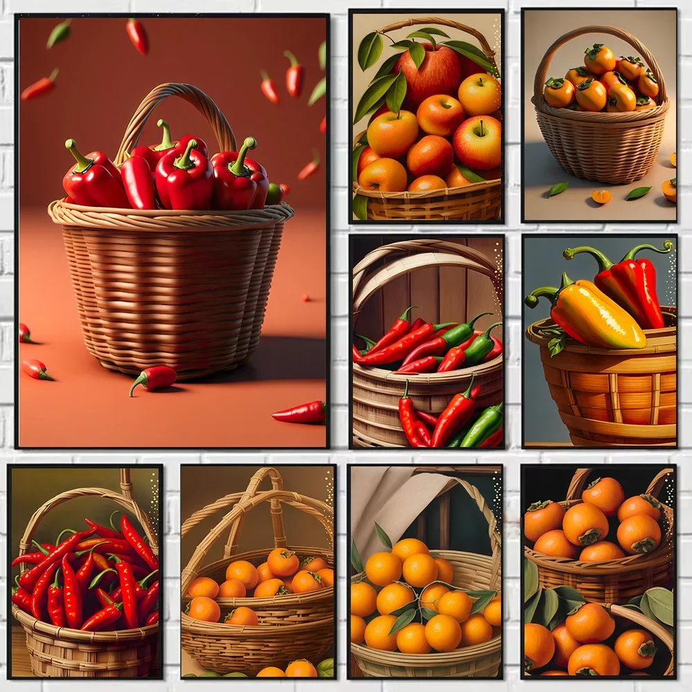 Modern Simple Pepper Orange Persimmon Fruit Vegetable Canvas Painting Restaurant Room Decoration Paintin