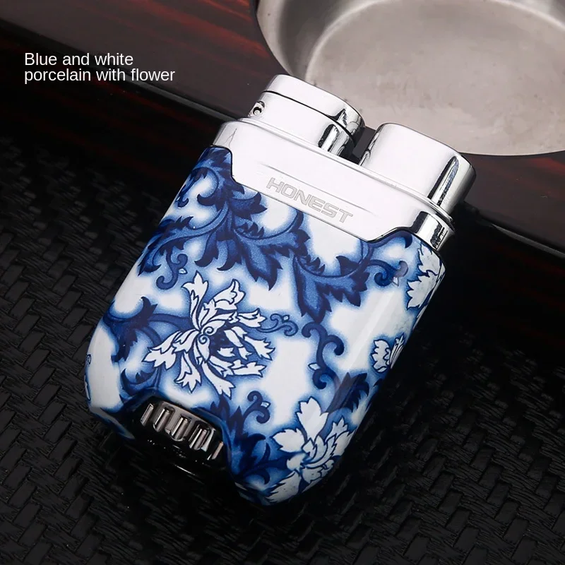 New HONEST Metal Plating Turbine Windproof Butane Lighter Creative Blue Flame Torch Lighter High-end Gift Men\'s Smoking Tools