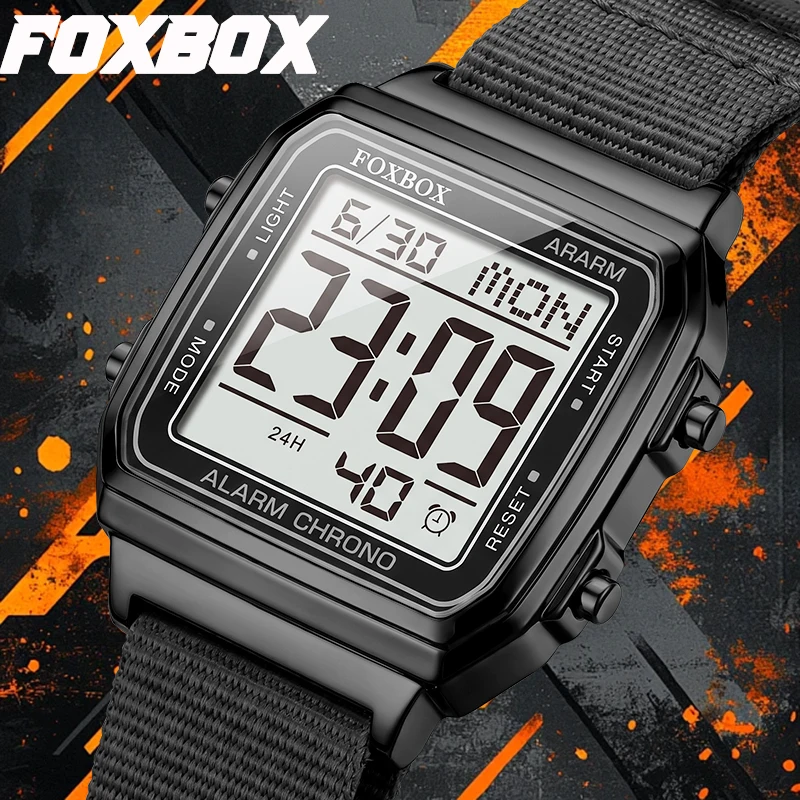 FOXBOX Digital Man Watch Fashion Casual Sport Outdoor Nylon Belt Chronograph Life Waterproof Calendar Electronic Watches for Men