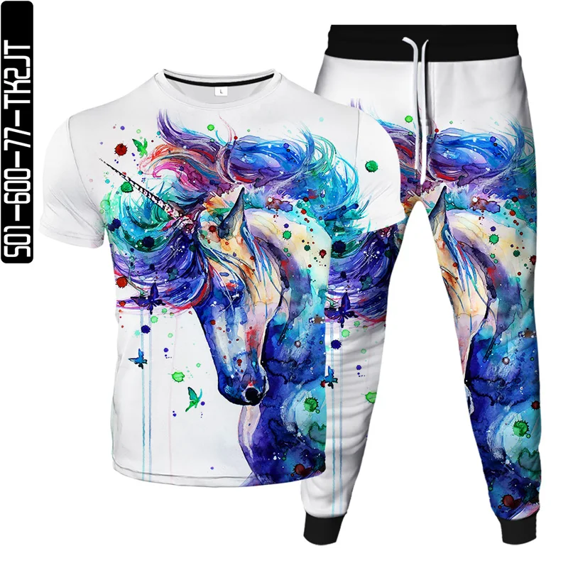 Men Women T-Shirt Jogging Long Pants 2Piece Sets Tracksuit Flame Animal Horse Unicorn 3D Print Homme Tops Trousers Clothing Suit