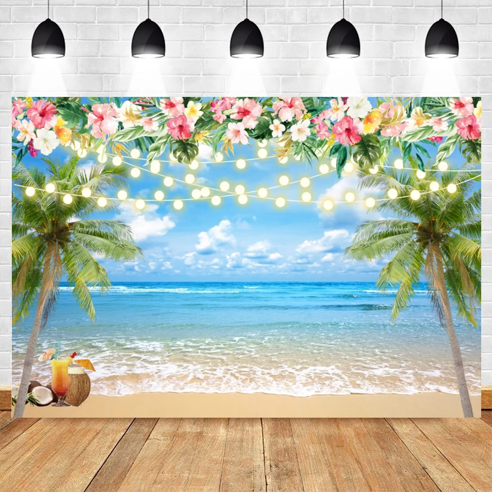 Summer Tropical Beach Hawaiian Backdrop Aloha Luau Seaside Flamingo Ocean Surfboard Holiday PartyBirthday Photography Background