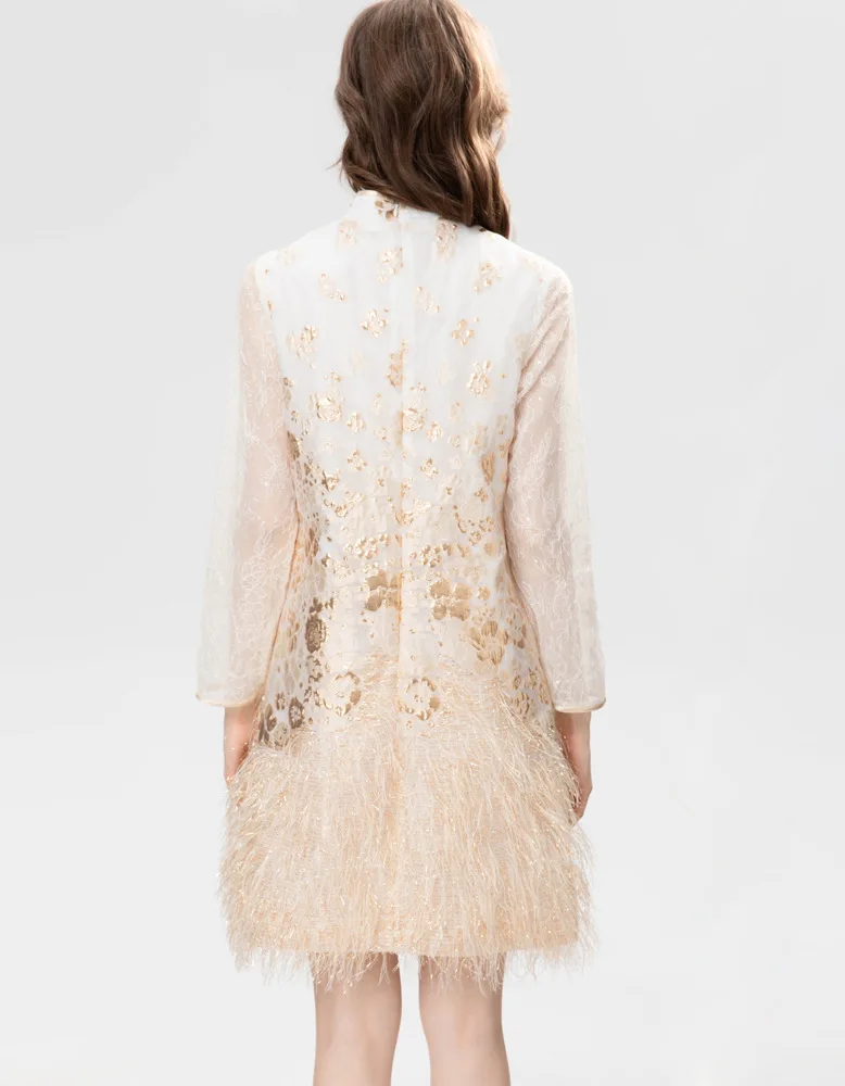 Women's Runway Dresses Stand Collar Long Sleeves Dobby Printed Tassels Casual High Street Mini Vestidos