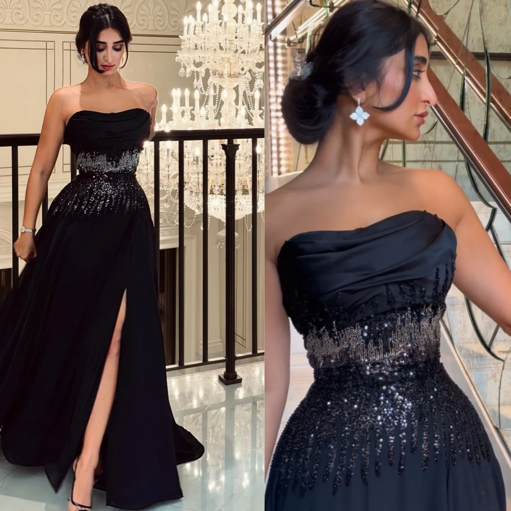 

Evening Sexy Casual Jersey Beading Draped Pleat Evening A-line Strapless Bespoke Occasion Gown Long Dresses