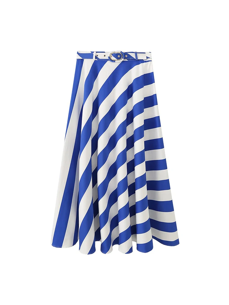 TFMLN 2026 Women Long Skirt Elegant Vacation Style Fashionable Loose Casual Contrasting Striped Belt MIDI Skirt Summer New - view 3