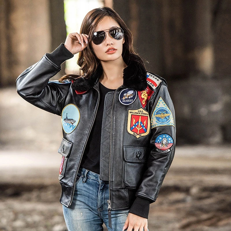 Dark Brown TOP GUN G1 Pilot Leather Jacket Women Military Style Natural Cowhide Winter Aviation Genuine Leather Coats