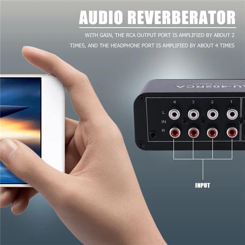 

B48A Multi-Source RCA Mixer Stereo Audio Reverberator 4 Input 2 Output Audio Switch Switcher Driver Headphone Volume Control