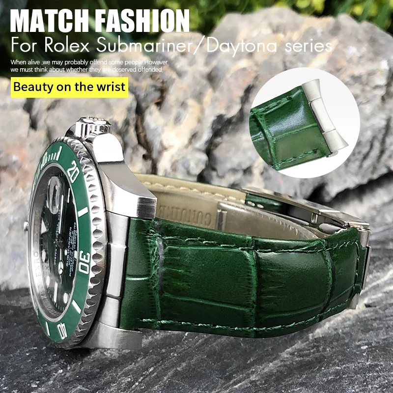 Metal End Genuine Leather Watchbands for Rolex Daytona SUB Submariner GMT Master Yacht 20mm Watch Strap Green Blue Black Band