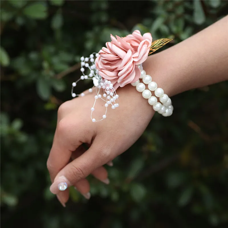 Wedding Wrist Corsage Boutonniere Set for Bride Bridesmaid Man Groom Pink Rose Wedding Flowers Accessories Prom Suit Decorations