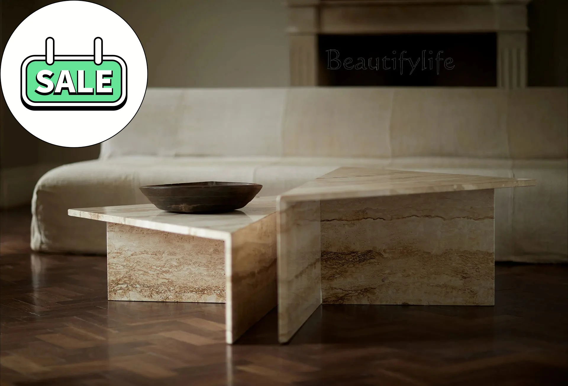 ENF Eco-Friendly Custom Modern Living RoomItalian Luxury Travertine Coffee Table - Wabi Sabi Style Minimalist Set