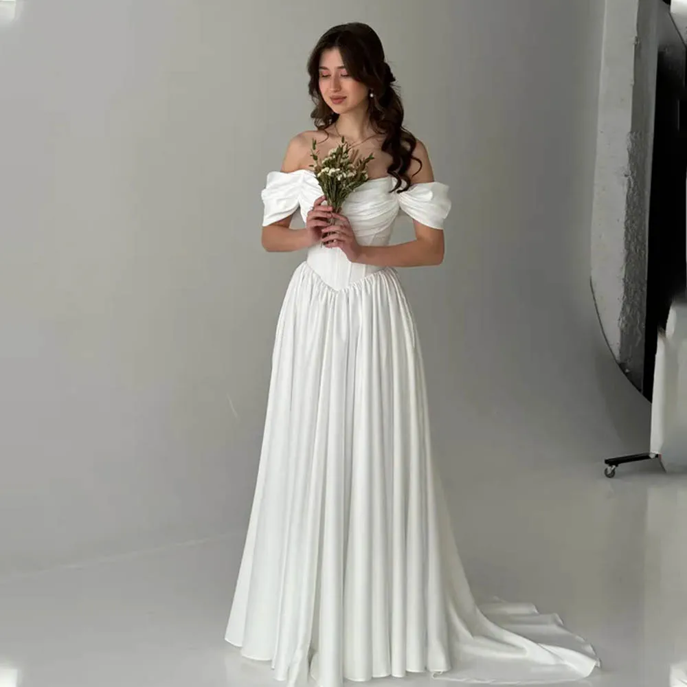 

Off The Shoulder Pleat Sweetheart Thick Satin A Line Wedding Dress V-shape Waistline Custom Made 2026 Rode De Morrie