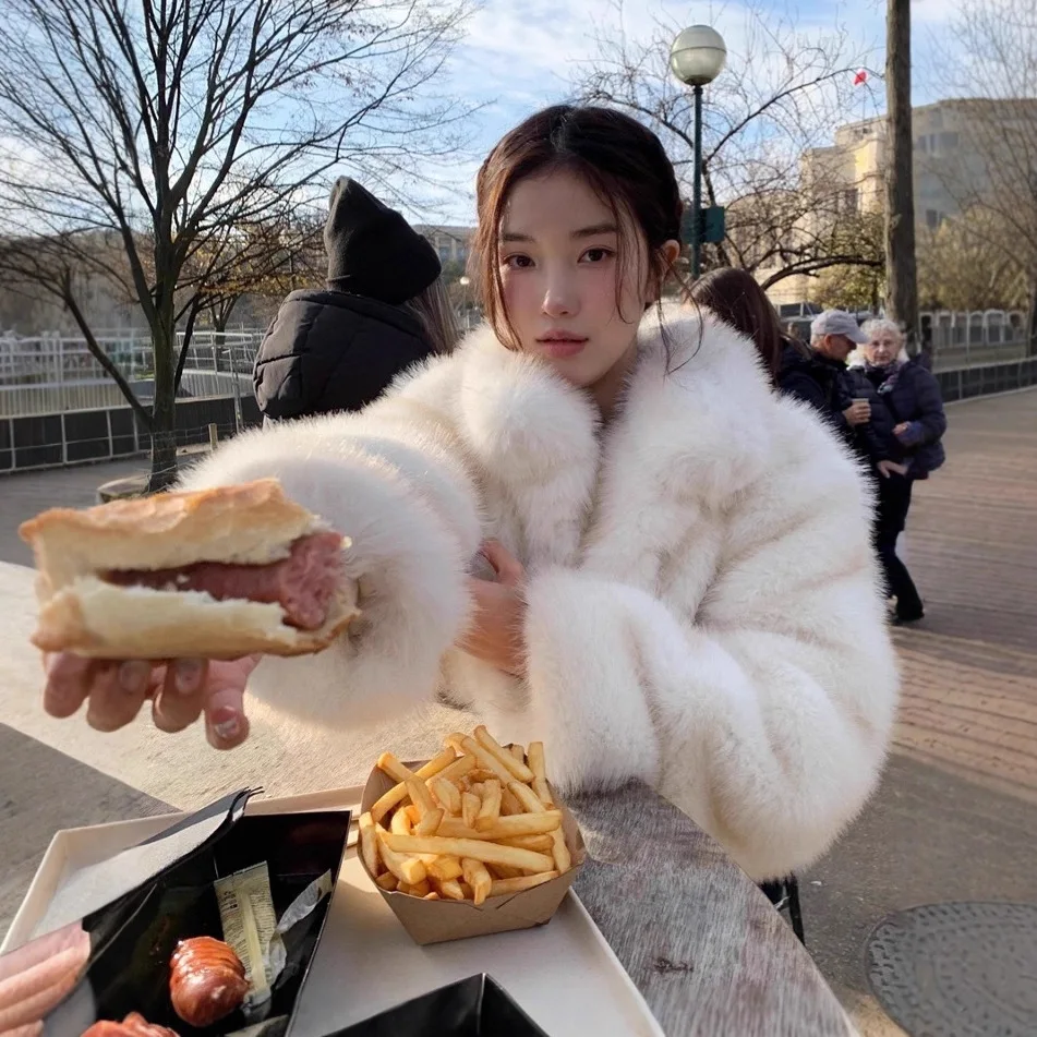 Moda feminina inverno casaco de pele de vison gradiente gola curta imitação de pele outwear elegante solto senhora eco pele jaqueta