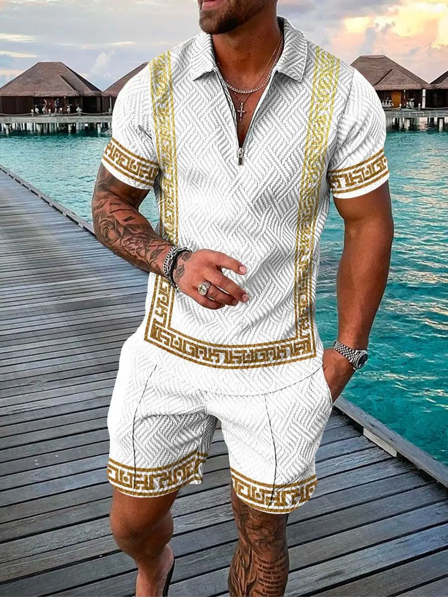 2024 Europe America Hot new Men's Suit Casual Beach Men's Top Summer Best-Selling Men's POLO Shirt + Men's Shorts 2 sets