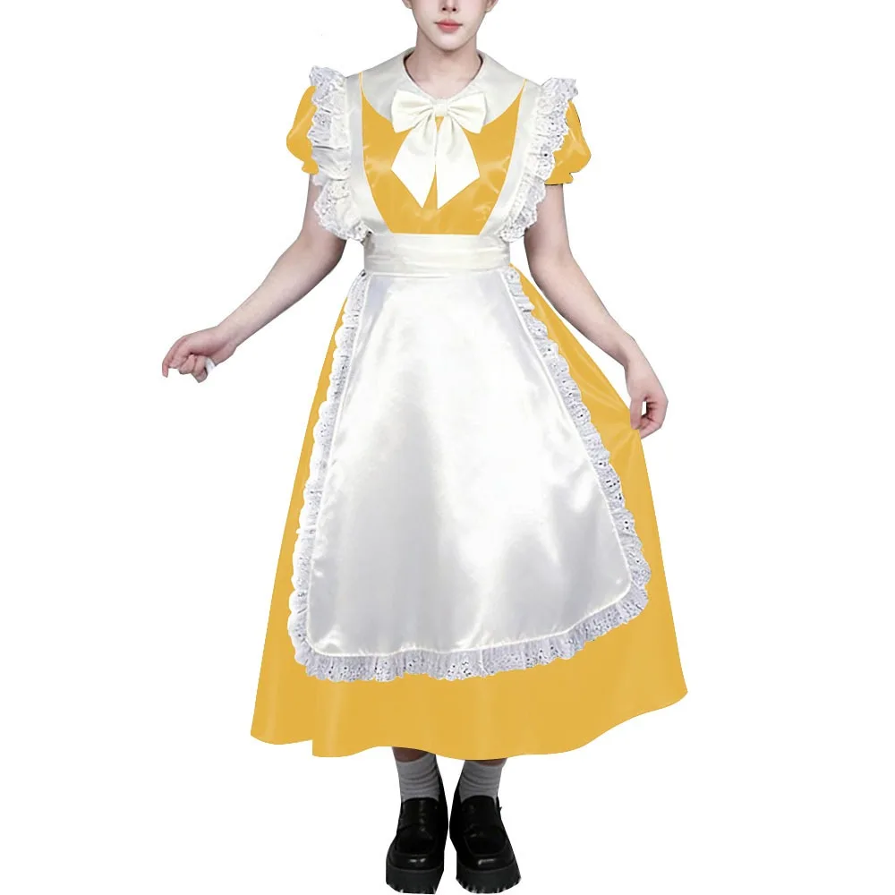 

Мужской атласный костюм горничной миди-платье для вечеринок, косплея, Лолита, с бантом и фартуком, для кроссдрессинга, на Хэллоуин, для аниме-ролевых игр, 7XL