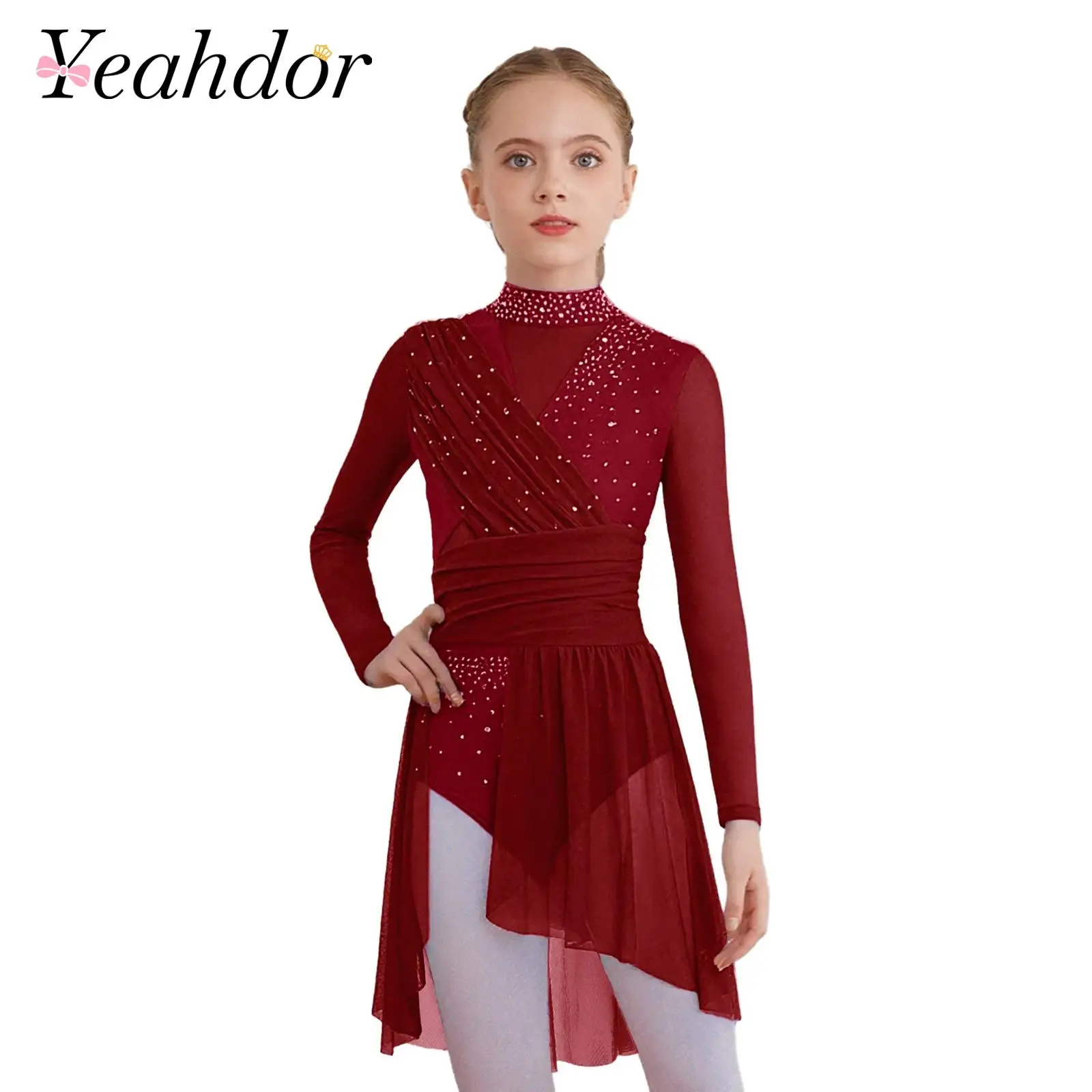 فستان رقص غنائي للأطفال البنات بأكمام طويلة فستان باليه بقماش شفاف ومقسم بأحجار الراين اللامعة للأطفال فستان التزلج على الجليد #1