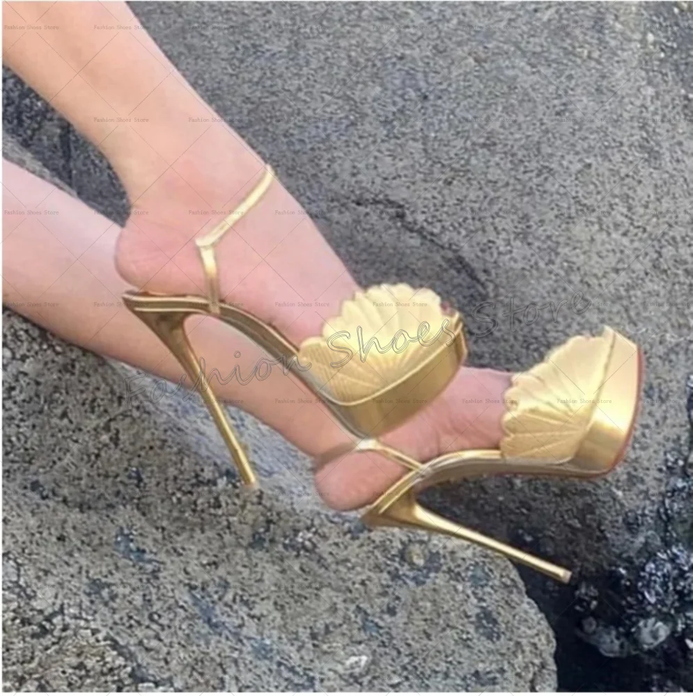 Gold Ankle Strap Platform Shell Sandals Open Toe Stilettos High Heels Heel Shoes for Women Heels 2025 New Zapatos Para Mujere