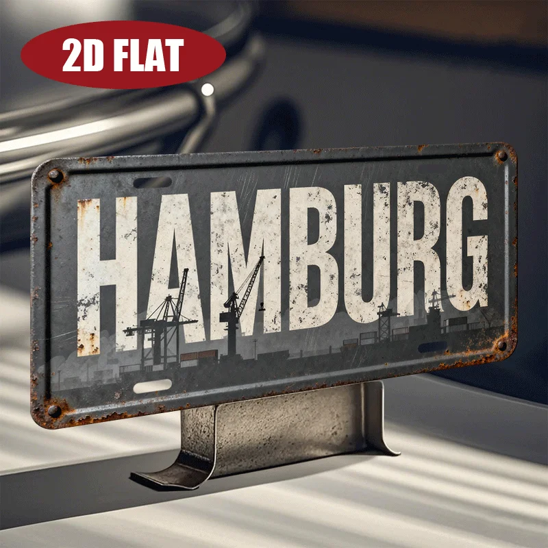 2D Flat, Hamburg German City Landmark Name Theme Aluminum License Plaque, European City Culture/ Metal License Plate Design