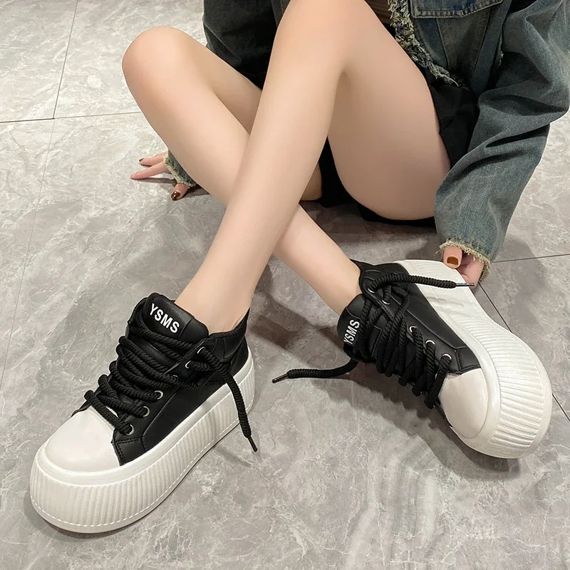 Women Leather Chunky Sneakers New 2023 Autumn Platform Casual Shoes Lace-up Dad Sport Shoes Woman Black Vulcanized Shoes 6.5CM