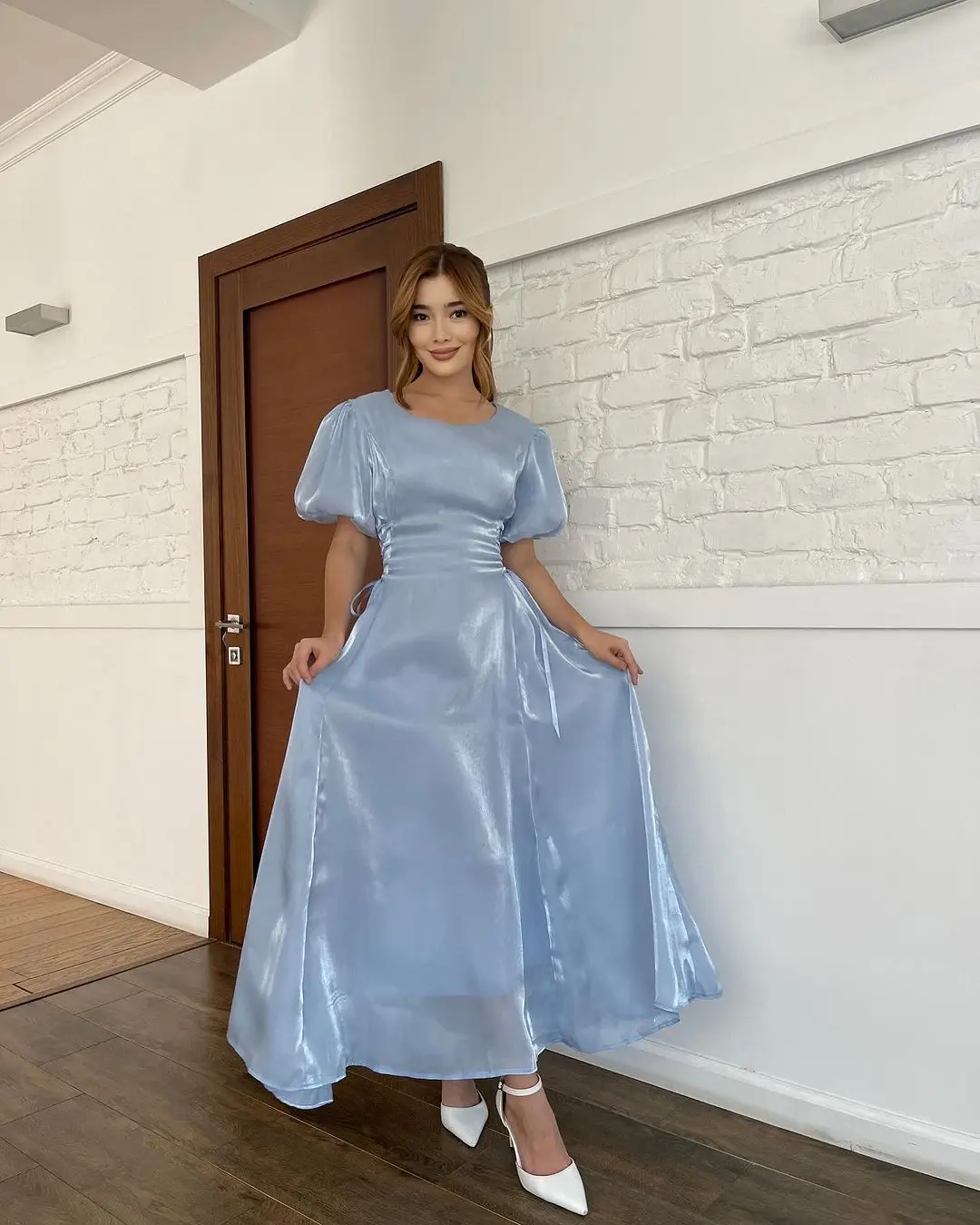 

Elegant Short Sleeves Prom Dresses O-Neck Ankle Length Party Dresses Pleated Back Zipper Evening Dresses